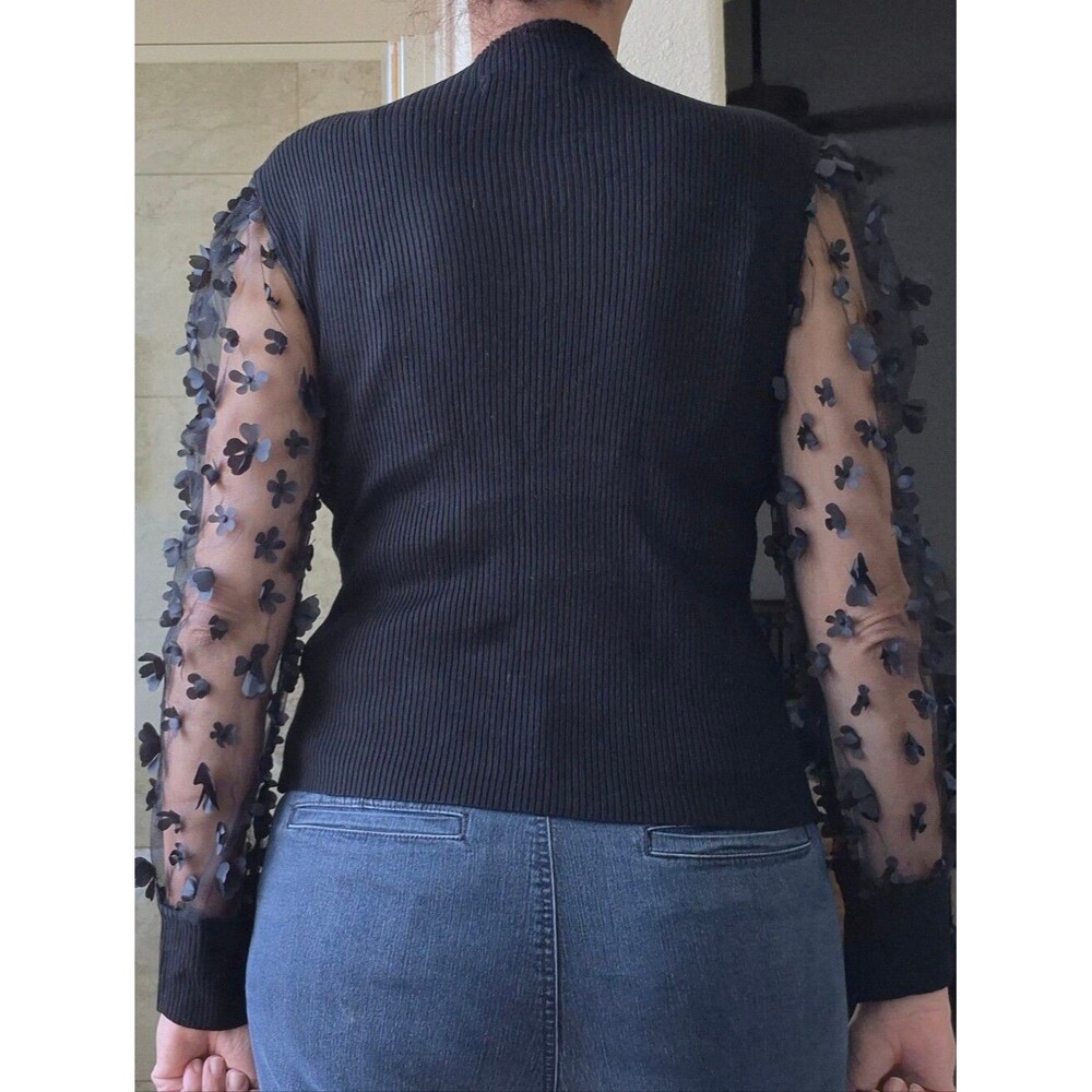Almost Famous, Ribbed, Mock Sweater, with 3D Floral Mesh Sleeves - Picture 12 of 16